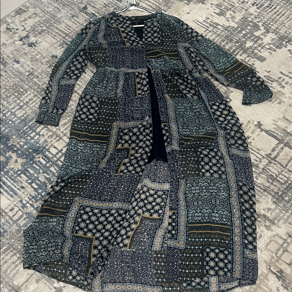 Romeo & Juliet Couture Blue and Green Maxi Dress- button up sheer dress